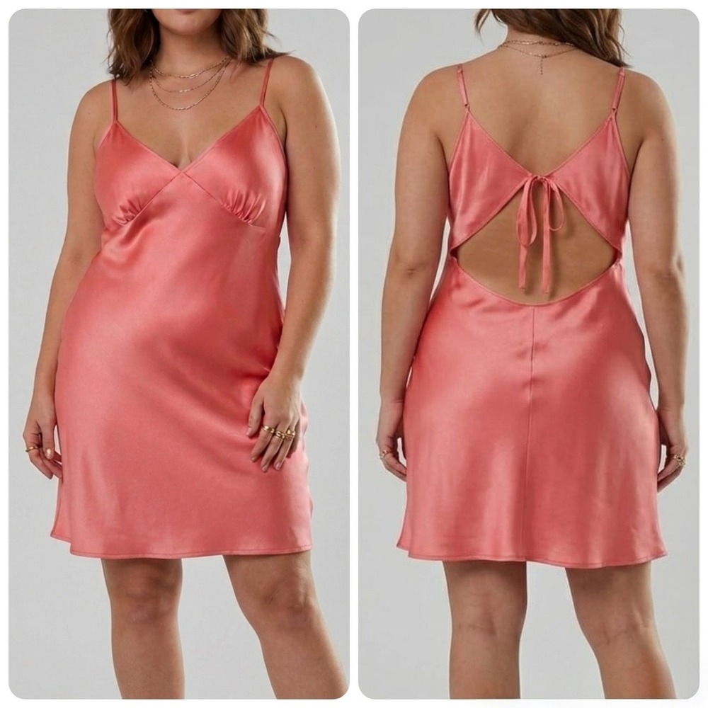 Victorias Secret Silk Slip Dress Babydoll Bias Cut Tie-Back Cutout Salmon Pink L